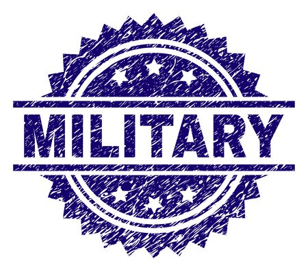 MILITARY stamp seal watermark with distress style. Blue vector rubber print of MILITARY label with grunge texture.のイラスト素材