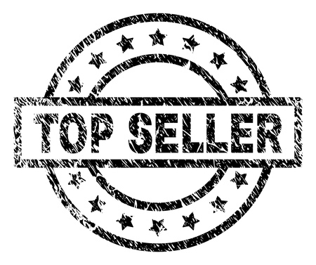 TOP SELLER stamp seal watermark with distress style. Designed with rectangle, circles and stars. Black vector rubber print of TOP SELLER label with retro texture.のイラスト素材