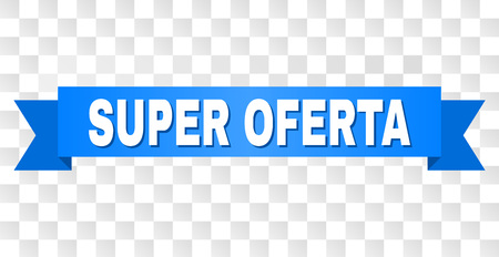 SUPER OFERTA text on a ribbon. Designed with white caption and blue tape. Vector banner with SUPER OFERTA tag on a transparent background.のイラスト素材