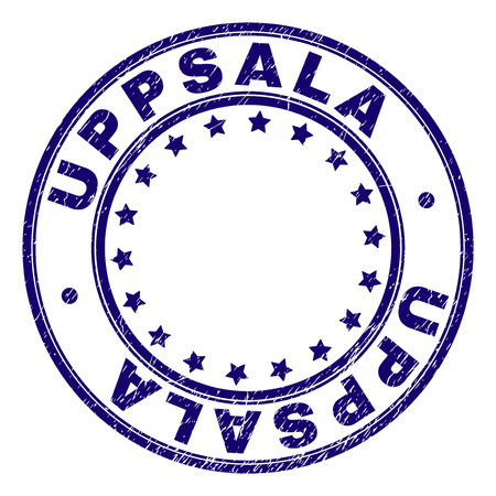 UPPSALA stamp seal watermark with distress texture. Designed with round shapes and stars. Blue vector rubber print of UPPSALA tag with corroded texture.のイラスト素材
