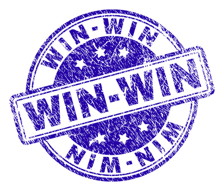 WIN-WIN stamp seal imprint with grunge style. Designed with rounded rectangles and circles. Blue vector rubber print of WIN-WIN title with grunge texture.のイラスト素材