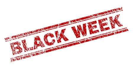 BLACK WEEK seal print with corroded style. Red vector rubber print of BLACK WEEK caption with corroded texture. Text caption is placed between double parallel lines.のイラスト素材