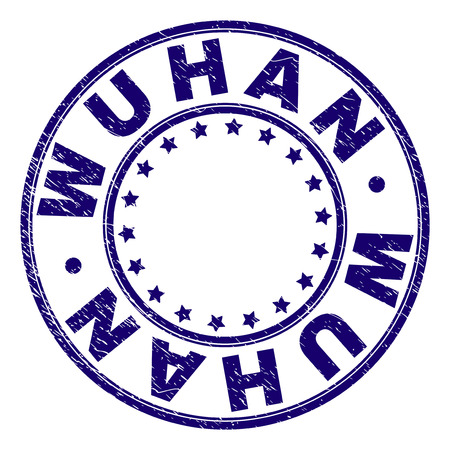 WUHAN stamp seal watermark with distress texture. Designed with circles and stars. Blue vector rubber print of WUHAN label with dust texture.のイラスト素材