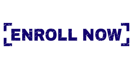 ENROLL NOW text seal print with grunge style. Text label is placed between corners. Blue vector rubber print of ENROLL NOW with corroded texture.のイラスト素材