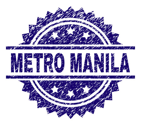 METRO MANILA stamp seal watermark with distress style. Blue vector rubber print of METRO MANILA text with corroded texture.のイラスト素材