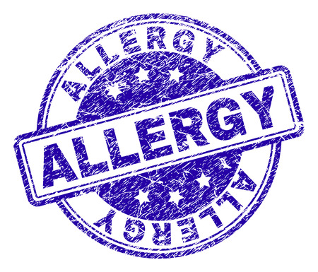 ALLERGY stamp seal watermark with grunge texture. Designed with rounded rectangles and circles. Blue vector rubber print of ALLERGY title with scratched texture.のイラスト素材