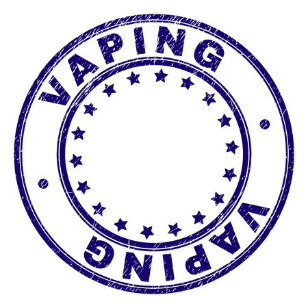 VAPING stamp seal imprint with distress texture. Designed with circles and stars. Blue vector rubber print of VAPING label with grunge texture.のイラスト素材