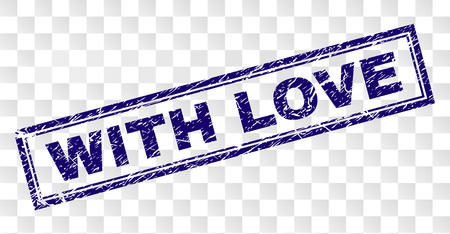 WITH LOVE stamp seal print with rubber print style and double framed rectangle shape. Stamp is placed on a transparent background. Blue vector rubber print of WITH LOVE tag with grunge texture.のイラスト素材