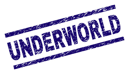 UNDERWORLD seal print with scratced style. Blue vector rubber print of UNDERWORLD text with dust texture. Text caption is placed between parallel lines.のイラスト素材