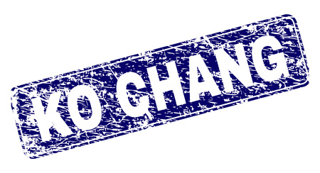 KO CHANG stamp seal print with grunge style. Seal shape is a rounded rectangle with frame. Blue vector rubber print of KO CHANG title with unclean style.のイラスト素材