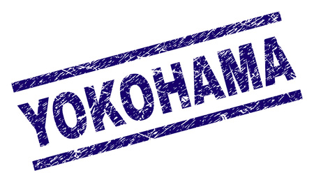YOKOHAMA seal stamp with distress style. Blue vector rubber print of YOKOHAMA text with unclean texture. Text caption is placed between parallel lines.のイラスト素材