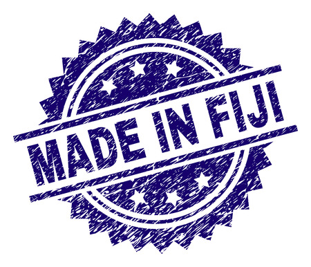 MADE IN FIJI stamp seal watermark with distress style. Blue vector rubber print of MADE IN FIJI label with retro texture.のイラスト素材