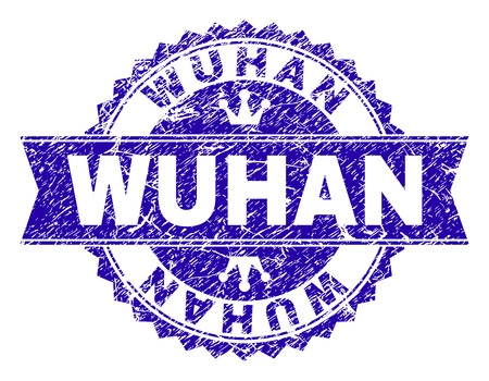 WUHAN rosette seal overlay with distress style. Designed with round rosette, ribbon and small crowns. Blue vector rubber watermark of WUHAN text with retro style.のイラスト素材