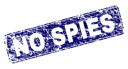 NO SPIES stamp seal print with distress style. Seal shape is a rounded rectangle with frame. Blue vector rubber print of NO SPIES tag with grunge style.のイラスト素材