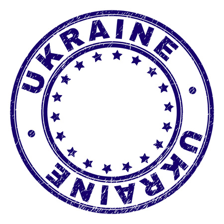 UKRAINE stamp seal imprint with grunge texture. Designed with circles and stars. Blue vector rubber print of UKRAINE title with dirty texture.のイラスト素材