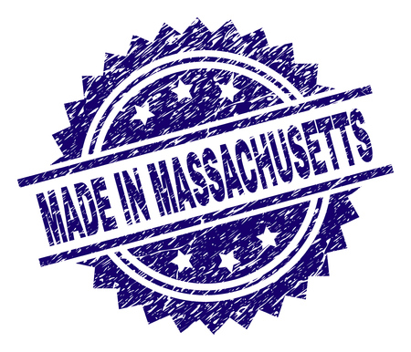 MADE IN MASSACHUSETTS stamp seal watermark with distress style. Blue vector rubber print of MADE IN MASSACHUSETTS label with scratched texture.のイラスト素材