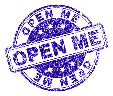 OPEN ME stamp seal watermark with grunge texture. Designed with rounded rectangles and circles. Blue vector rubber print of OPEN ME caption with unclean texture.のイラスト素材