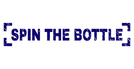 SPIN THE BOTTLE tag seal print with grunge texture. Text label is placed inside corners. Blue vector rubber print of SPIN THE BOTTLE with corroded texture.のイラスト素材