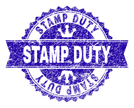 STAMP DUTY rosette seal watermark with grunge texture. Designed with round rosette, ribbon and small crowns. Blue vector rubber watermark of STAMP DUTY tag with dirty texture.のイラスト素材