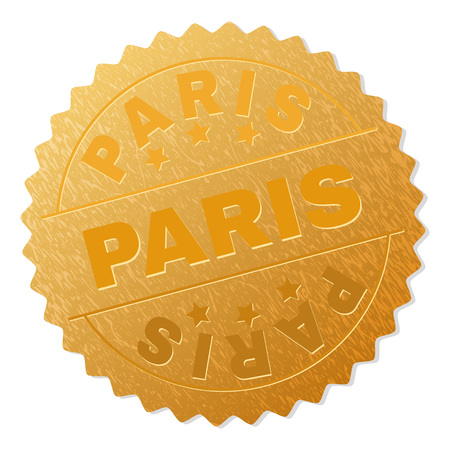 PARIS gold stamp award. Vector gold award with PARIS text. Text labels are placed between parallel lines and on circle. Golden surface has metallic texture.のイラスト素材