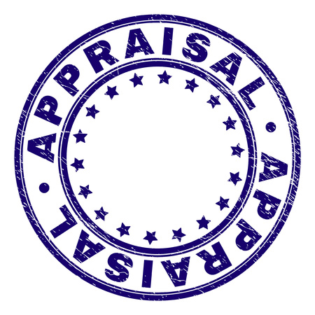APPRAISAL stamp seal watermark with distress texture. Designed with round shapes and stars. Blue vector rubber print of APPRAISAL text with grunge texture.のイラスト素材