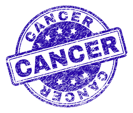 CANCER stamp seal watermark with distress texture. Designed with rounded rectangles and circles. Blue vector rubber print of CANCER label with scratched texture.のイラスト素材