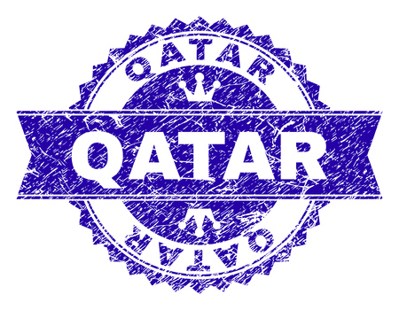 QATAR rosette stamp watermark with distress texture. Designed with round rosette, ribbon and small crowns. Blue vector rubber watermark of QATAR label with dirty texture.のイラスト素材