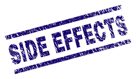 SIDE EFFECTS seal print with scratced style. Blue vector rubber print of SIDE EFFECTS text with scratched texture. Text caption is placed between parallel lines.のイラスト素材
