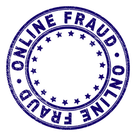 ONLINE FRAUD stamp seal imprint with distress effect. Designed with circles and stars. Blue vector rubber print of ONLINE FRAUD caption with unclean texture.のイラスト素材