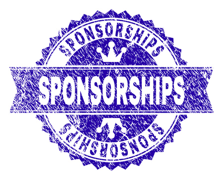 SPONSORSHIPS rosette stamp imitation with grunge style. Designed with round rosette, ribbon and small crowns. Blue vector rubber watermark of SPONSORSHIPS caption with grunge style.のイラスト素材