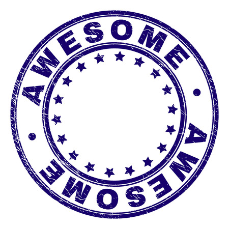 AWESOME stamp seal imprint with grunge texture. Designed with circles and stars. Blue vector rubber print of AWESOME caption with dust texture.のイラスト素材