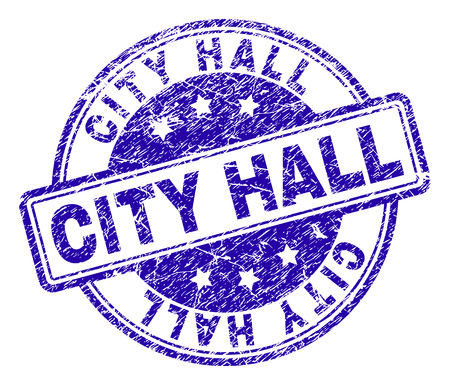 CITY HALL stamp seal imprint with grunge texture. Designed with rounded rectangles and circles. Blue vector rubber print of CITY HALL tag with scratched texture.のイラスト素材