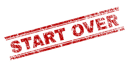 START OVER seal imprint with distress texture. Red vector rubber print of START OVER tag with unclean texture. Text tag is placed between double parallel lines.のイラスト素材