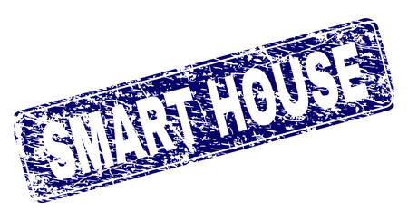 SMART HOUSE stamp seal print with grunge style. Seal shape is a rounded rectangle with frame. Blue vector rubber print of SMART HOUSE text with grunge style.のイラスト素材