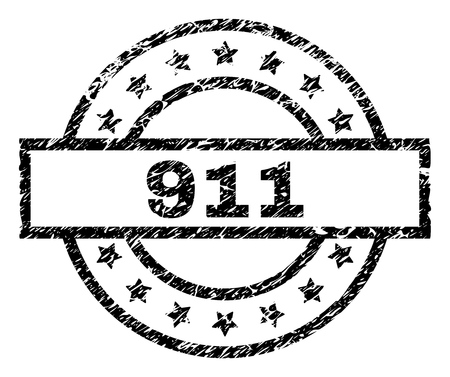 911 stamp seal watermark with distress style. Designed with rectangle, circles and stars. Black vector rubber print of 911 label with corroded texture.のイラスト素材