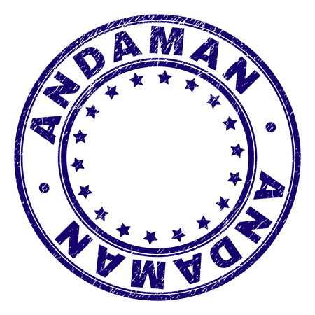 ANDAMAN stamp seal imprint with distress texture. Designed with circles and stars. Blue vector rubber print of ANDAMAN tag with corroded texture.のイラスト素材