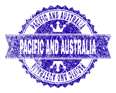 PACIFIC AND AUSTRALIA rosette stamp seal watermark with distress style. Designed with round rosette, ribbon and small crowns.のイラスト素材