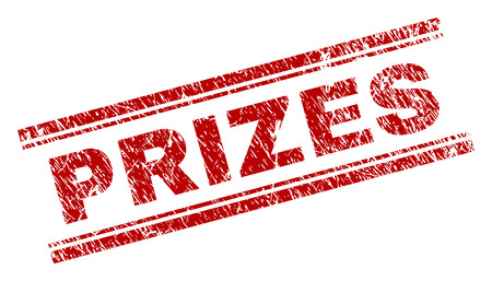 PRIZES seal print with corroded texture. Red vector rubber print of PRIZES text with unclean texture. Text caption is placed between double parallel lines.のイラスト素材