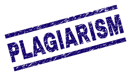 PLAGIARISM seal print with distress style. Blue vector rubber print of PLAGIARISM title with grunge texture. Text title is placed between parallel lines.のイラスト素材