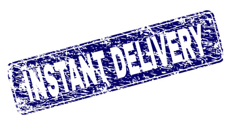 INSTANT DELIVERY stamp seal imprint with grunge style. Seal shape is a rounded rectangle with frame. Blue vector rubber print of INSTANT DELIVERY caption with grunge style.のイラスト素材