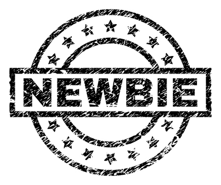 NEWBIE stamp seal watermark with distress style. Designed with rectangle, circles and stars. Black vector rubber print of NEWBIE caption with unclean texture.のイラスト素材