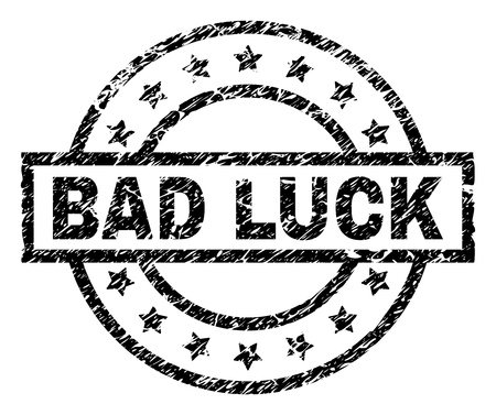 BAD LUCK stamp seal watermark with distress style. Designed with rectangle, circles and stars. Black vector rubber print of BAD LUCK title with dust texture.のイラスト素材