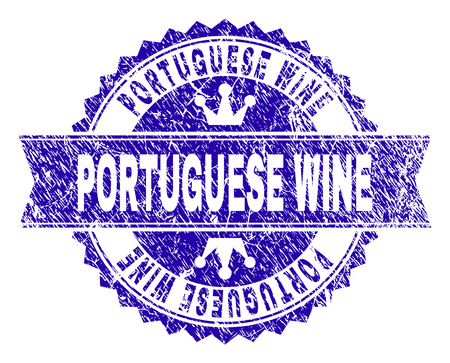 PORTUGUESE WINE rosette seal watermark with grunge texture. Designed with round rosette, ribbon and small crowns. Blue vector rubber watermark of PORTUGUESE WINE label with corroded texture.のイラスト素材