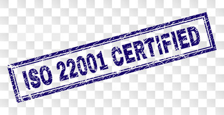 ISO 22001 CERTIFIED stamp seal print with rubber print style and double framed rectangle shape. Stamp is placed on a transparent background.のイラスト素材