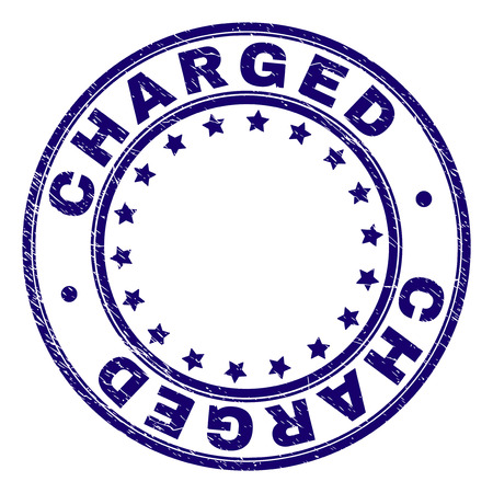CHARGED stamp seal watermark with grunge texture. Designed with circles and stars. Blue vector rubber print of CHARGED title with corroded texture.のイラスト素材