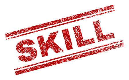 SKILL seal print with distress texture. Red vector rubber print of SKILL label with dirty texture. Text caption is placed between double parallel lines.のイラスト素材