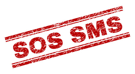 SOS SMS seal imprint with distress effect. Red vector rubber print of SOS SMS text with corroded texture. Text caption is placed between double parallel lines.のイラスト素材