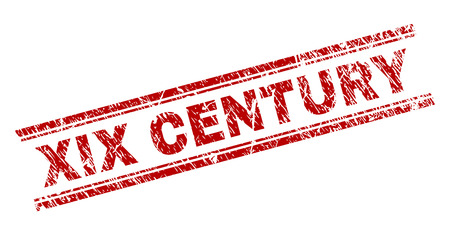 XIX CENTURY seal print with distress texture. Red vector rubber print of XIX CENTURY title with dirty texture. Text title is placed between double parallel lines.のイラスト素材