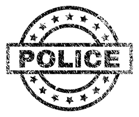 POLICE stamp seal watermark with distress style. Designed with rectangle, circles and stars. Black vector rubber print of POLICE tag with scratched texture.のイラスト素材