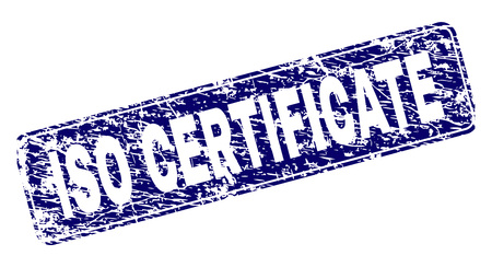 ISO CERTIFICATE stamp seal print with grunge style. Seal shape is a rounded rectangle with frame. Blue vector rubber print of ISO CERTIFICATE title with dirty style.のイラスト素材